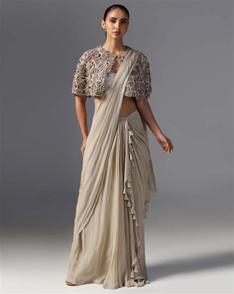 Ivory Enchant Embroidered Cape Saree Set – Yashodhara