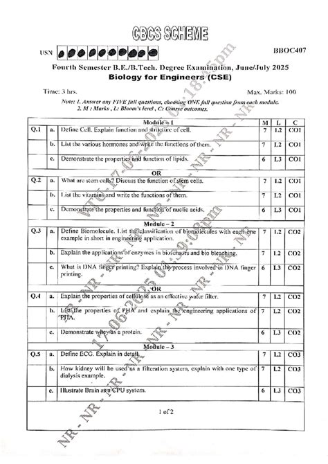 BBOC407 Fourth Semester Biology for Engineers Exam QP June-July 2025 ...