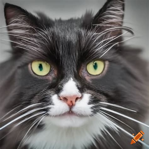 Fluffy long haired black tuxedo cat with white paws and mustache on Craiyon