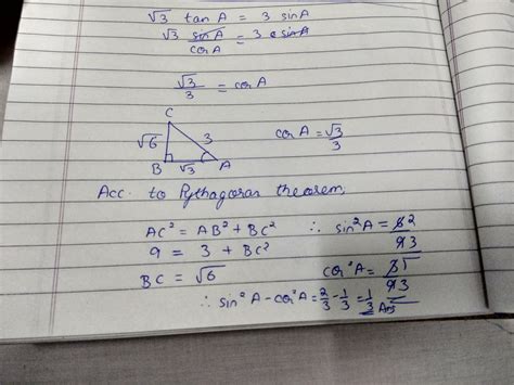 If √3tanA=3sinA find sin squareA-cos squareA - Brainly.in