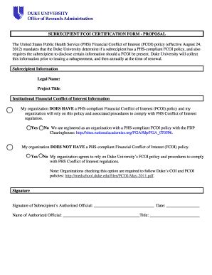 Fillable Online Subrecipient FCOI Certification bFormb - Proposal ...