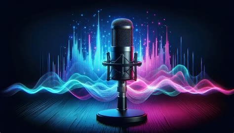 A professional microphone in front of a colorful soundwave background.