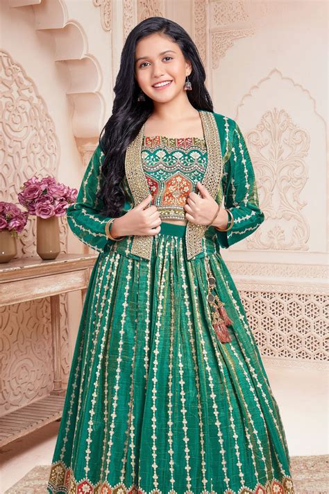 Rama Green Zari work with Multicolor Digital Print Jacket Styled Lehen ...