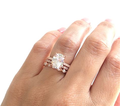 Wedding Ring Set. Rose Gold Oval Engagement Ring Set. Stacking | Etsy