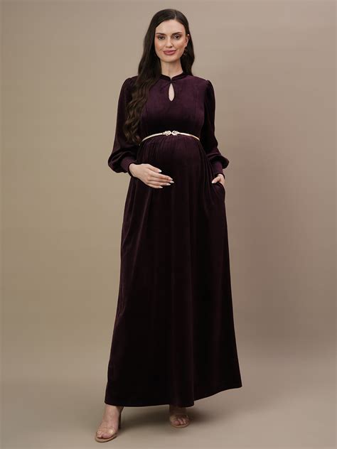 Buy Velvet Maternity Gown with Belt - Wine