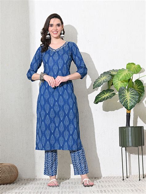 Blue Jaipuri Print Sequins Work Kurta set – Lavantika