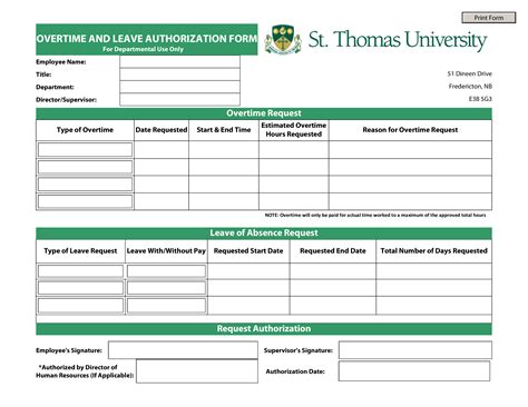 Request Overtime Leave Authorization Form