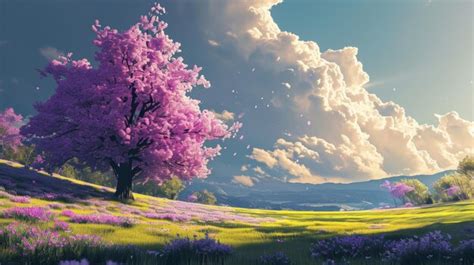 Beautiful spring landscape with a lonely tree on the hillside ...