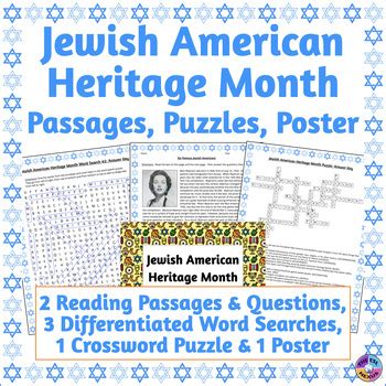 Jewish American Heritage Month Reading Passages, Crossword & Word ...