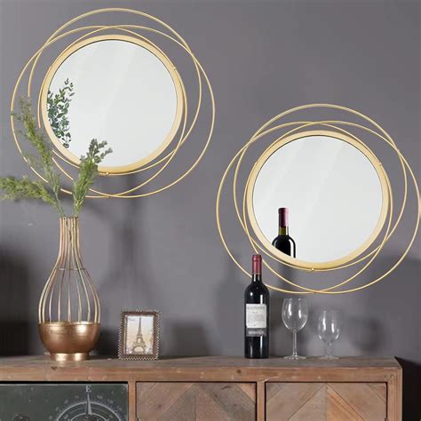 2 Set 15.7'' Gold Circle Mirrors Wall Decor Iron Frame Wall Art Round ...