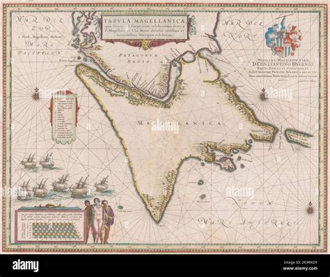 Vintage 18th century map of the Strait of Magellan in southern Chile ...