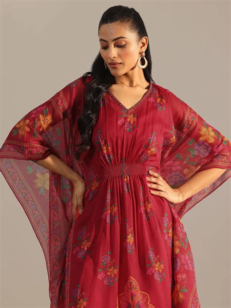 Buy Maroon Printed Chiffon Kaftan Kurta Set Online at Rs.3599 | Libas