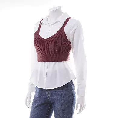 Juniors' Sugar Moon 2-Piece Button-Front Shirt & Sweater Cami Set