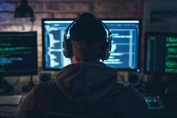 Coding man coding on a computer back view a man coding on a computer ...