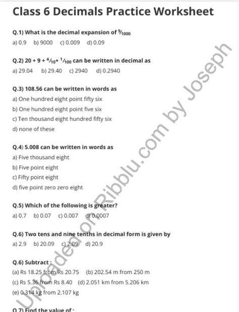 Decimals Worksheet for Class 6 Math