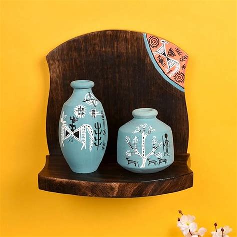 AAKRITI ART CREATIONS Wall Décor Shelf with 2 Warli Painted Blue Pots ...