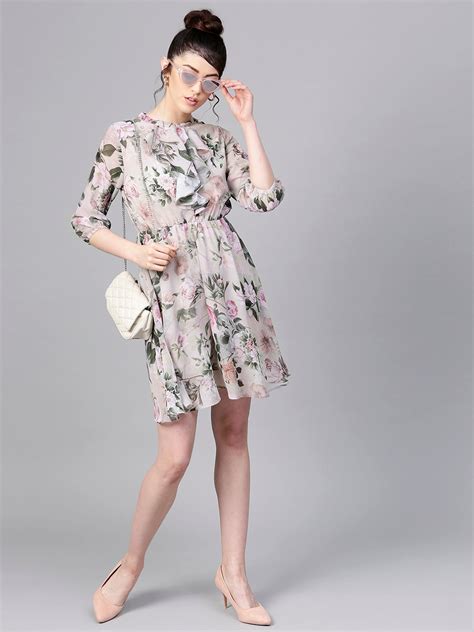 Buy Women Grey & Pista Green Floral Print Fit And Flare Dress - Dresses ...