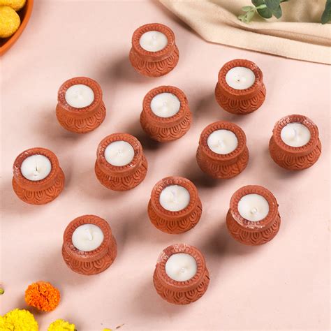 Engraved Pure Terracotta Pedestal Diyas Set Of 24 Online - Premium ...