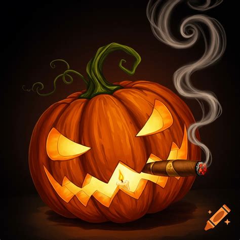 A spooky Jack-o'-lantern smoking a cigar with glowing eyes and mouth ...