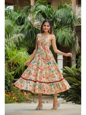 Buy Rain & Rainbow Women Floral Printed Tiered Cotton Fit & Flare Midi ...