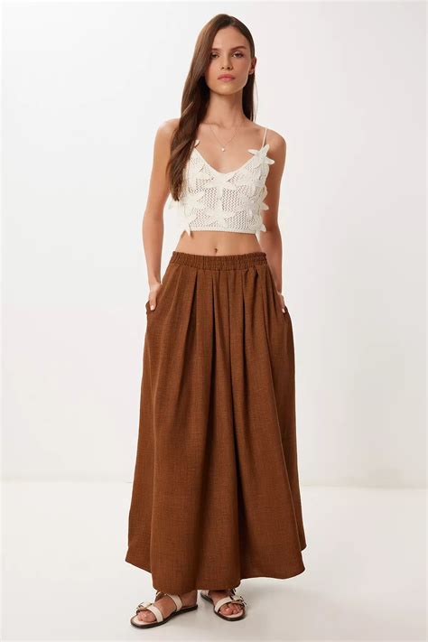 Buy Happiness Istanbul Women's Dark Brown Pocket Flared Summer Woven ...
