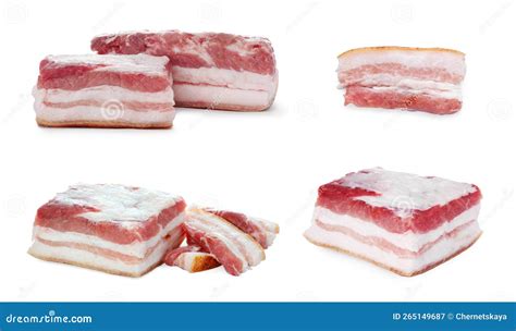 Collage with Pieces of Pork Fatback Isolated on White Stock Image ...