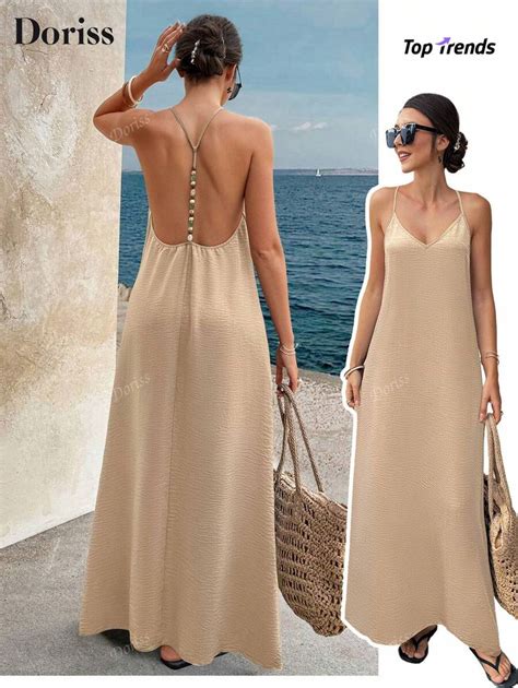 Doriss Women's Backless Beaded Vacation Solid Color Slip Dress | SHEIN USA