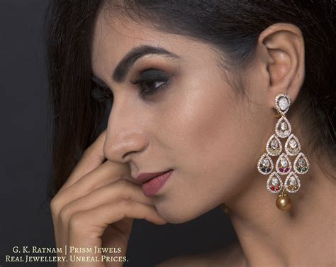 14k Gold and Diamond Polki Open Setting Long Earring Pair with Navratn ...