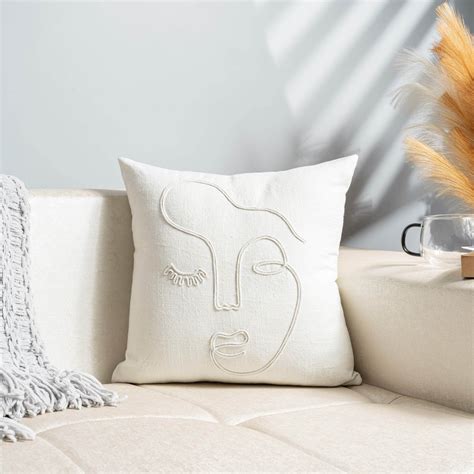 Artful Expression Embroidered Cushion, White, Abstract Face, 16"x16 ...