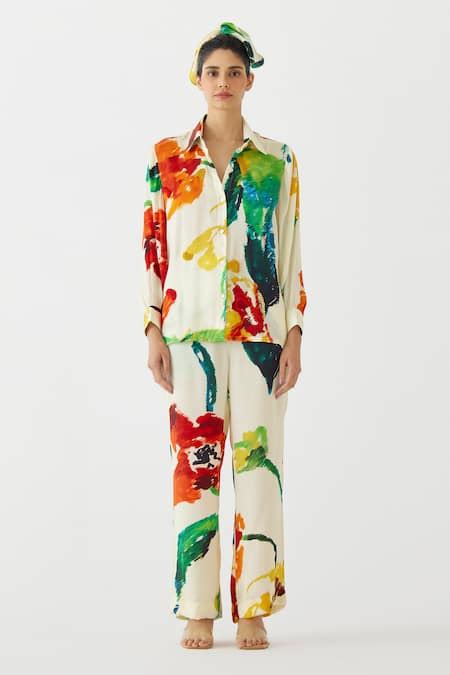 Buy Multi Color Velour, Silk Collared Monet Print Shirt With Pant For ...
