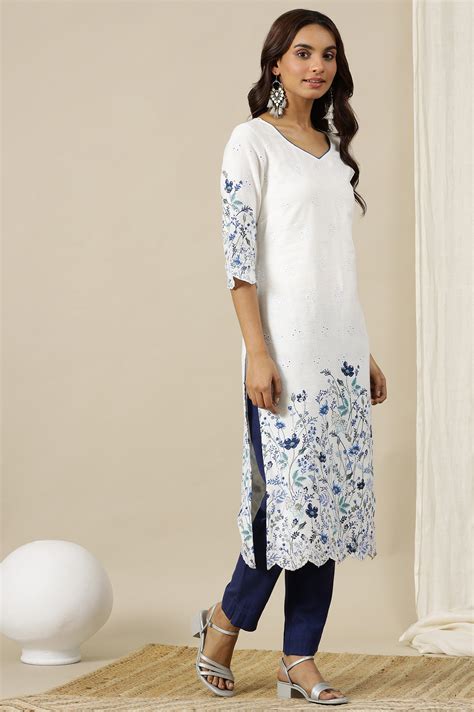 Buy White Floral Printed Schiffli Embroidered Sweetheart Neck Straight ...