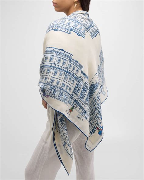 Rani Arabella Asti Printed Light Blue Cashmere-Blend Scarf | Neiman Marcus