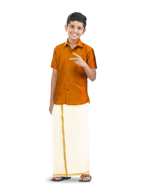 Veera Soora Kids Readymade Dhoti & Shirt Set - Light Orange – Alaya Cotton