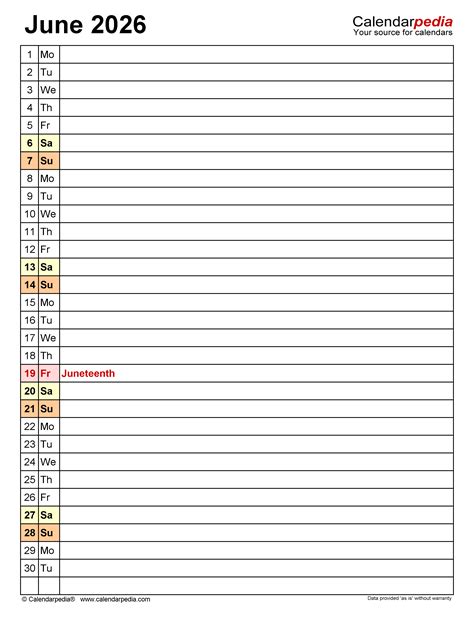 June 2026 Calendar | Templates for PDF, Excel and Word