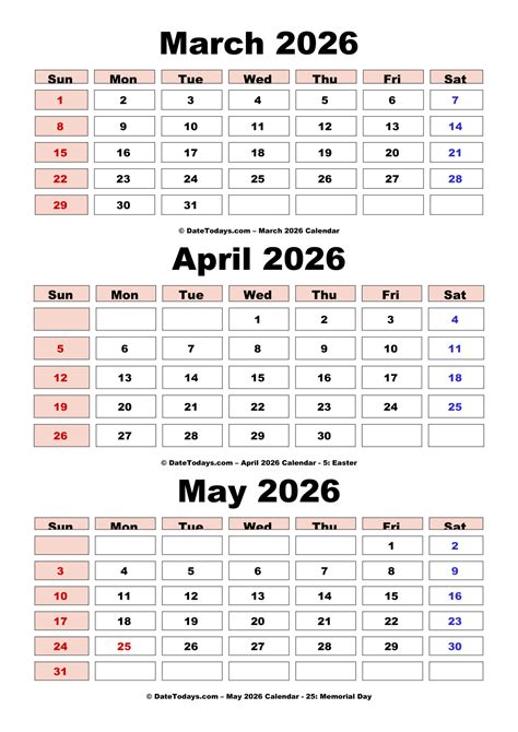 March April May 2026 Calendar Printable PDF - 3 Month Calendar