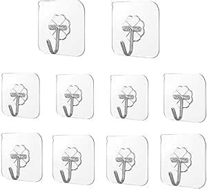 Roktry 10 Packs Reusable Adhesive Hooks,Transparent Heavy Duty Wall ...