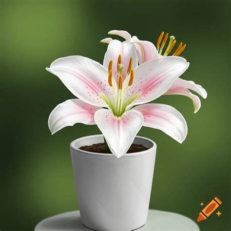 A pink and white lily flower in a white pot against a green background ...