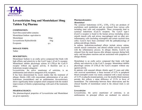 Levocetirizine 5mg & montelukast 10mg tablets taj pharma | PDF