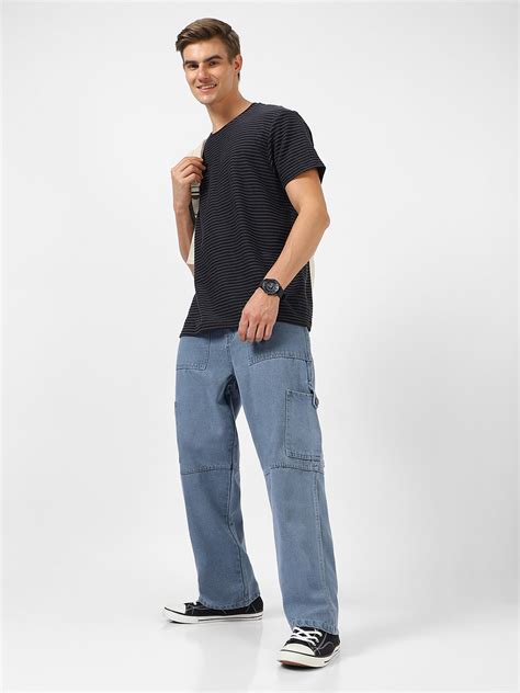 Men's Light Grey Loose Baggy Fit Washed Cargo Jeans With 6 Pockets Non ...