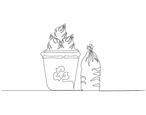 Dessin continu en une ligne d'un bac à poussière et d'un sac à ordures ...