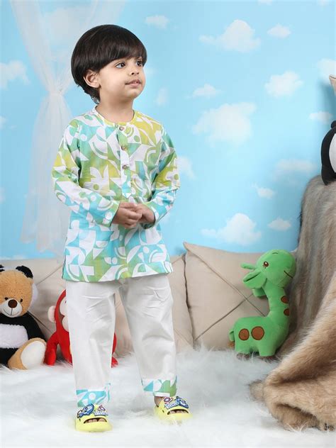 Polka Tots Geometric print Full sleeves Nightwear Kurta pyjama set - G ...
