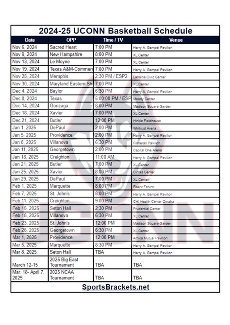 Printable 2024-25 UCONN Basketball Schedule; TV Broadcasts, Matchups ...
