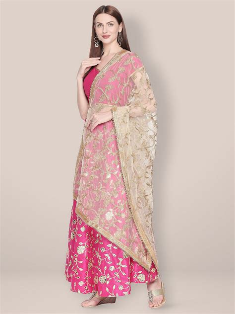 White & Gold Embroidered Net Dupatta. Dupatta Bazaar