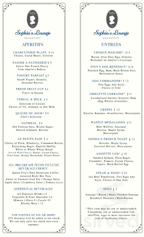 Sophia's Lounge menu in Charlotte, North Carolina, USA