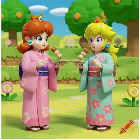 Princess Daisy and Peach in kimonos eating dango, Mario 64 style on Craiyon