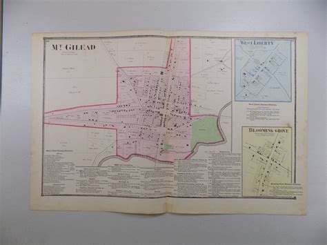 1871 MORROW Co. OHIO Map / TOWNS OF MT. GILEAD, WEST LIBERTY & BLOOMING ...