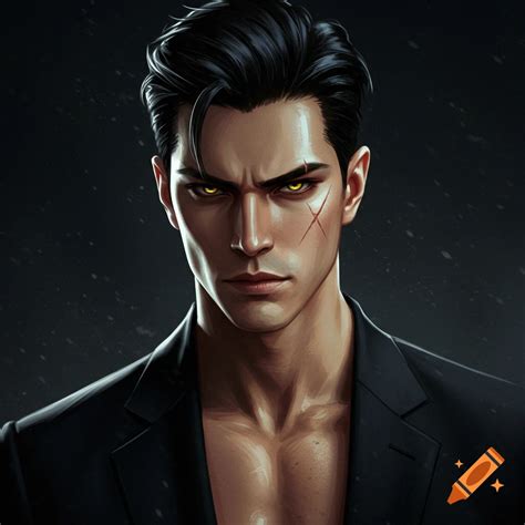 A handsome man with black hair, yellow eyes, and a scar on his cheek, wearing an open black ...