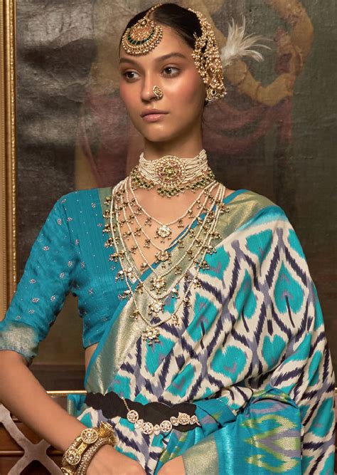 CERULEAN BLUE WOVEN PATOLA SILK SAREE – zarikaariindia.com