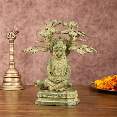 Brass Meditative Hanuman Statue Under Tree | Antique Green Patina | 10 ...