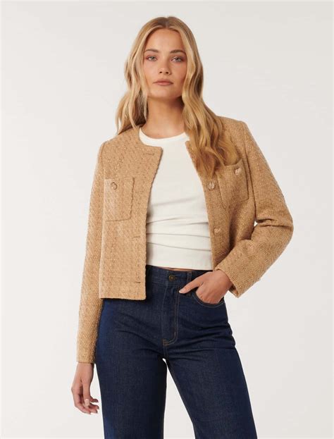 Chrissy Crop Bouclé Jacket in Light Camel - Size 4 to 16 - Women's Jackets